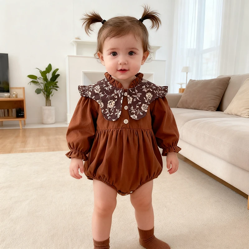 جديد ربيع 2026 بدلة للأطفال حديثي الولادة رومبير 0-2 سنة مطرز بالزهور وطية صدر السترة بلون سادة وأكمام طويلة ملابس أطفال