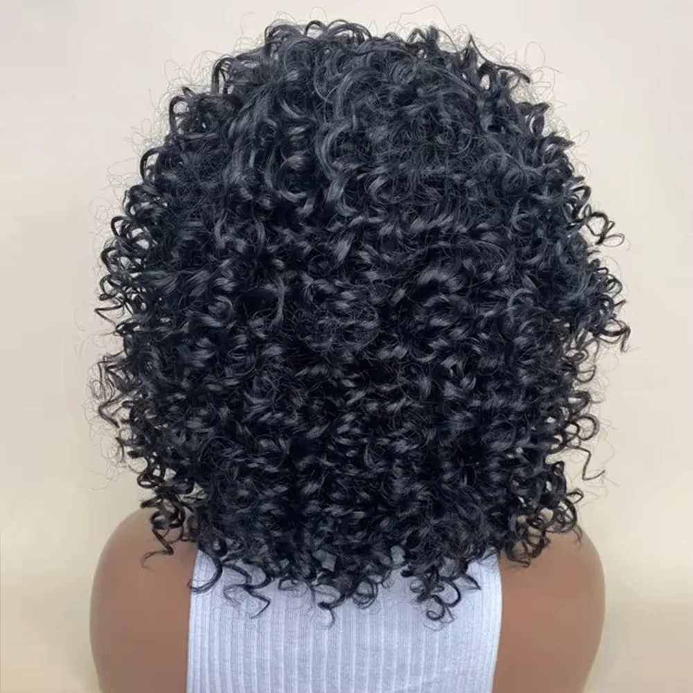 Peluca rizada Afro con flequillo para mujer, pelo largo hasta el hombro, negro, sintético