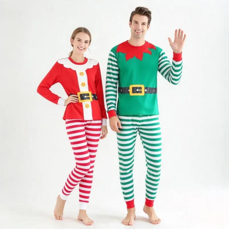 Red Green Striped Xmas Pajamas Sets for Women Men's Santa Claus Cotton Homewear Sleepwear Couples Christmas Pijamas Nightwear