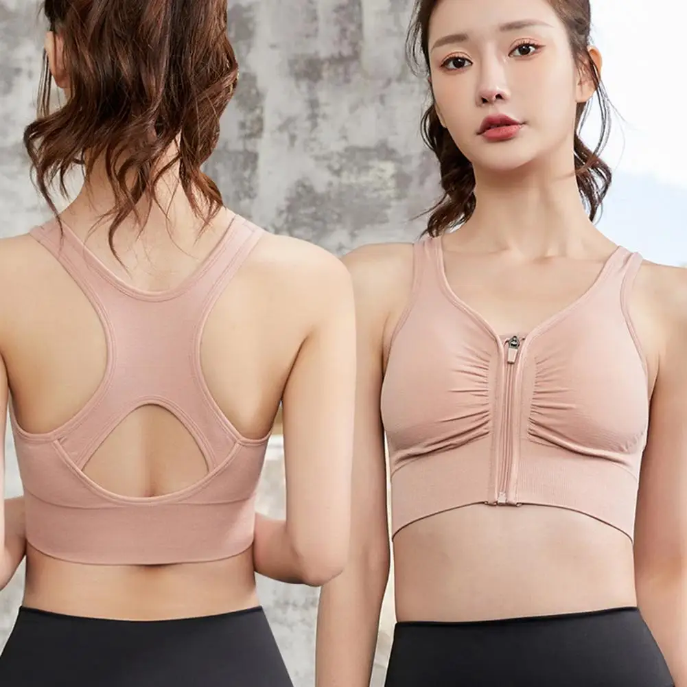 Women Shockproof Gathered Yoga Running Bra Hollow Beautiful Back Front Zipper Sports Underwear Seamless Solid Sport Brassiere