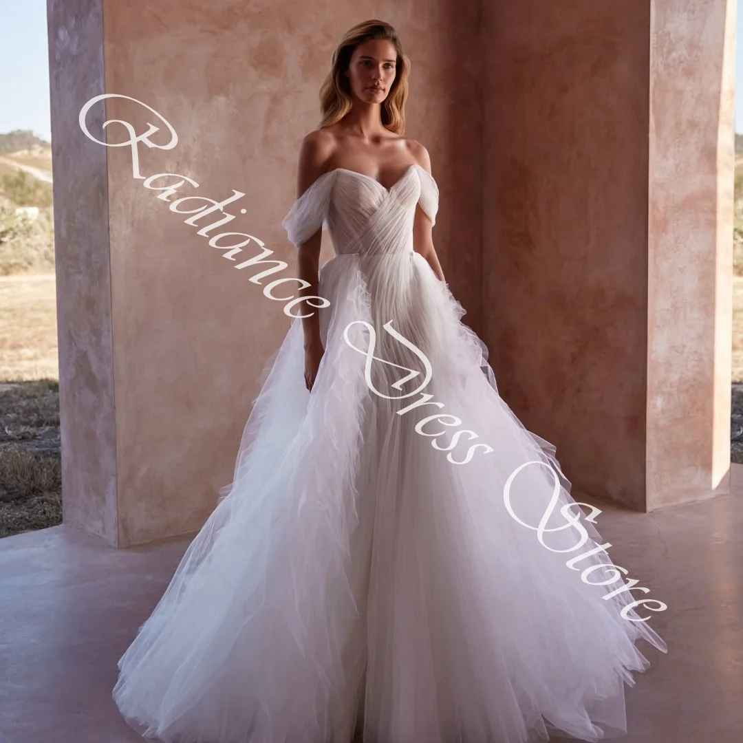 Vestidos de Noche personalizados de tul con temperamento, corte en A, hombros descubiertos, sin tirantes, media manga, Panel de tren, vestido de regreso a casa