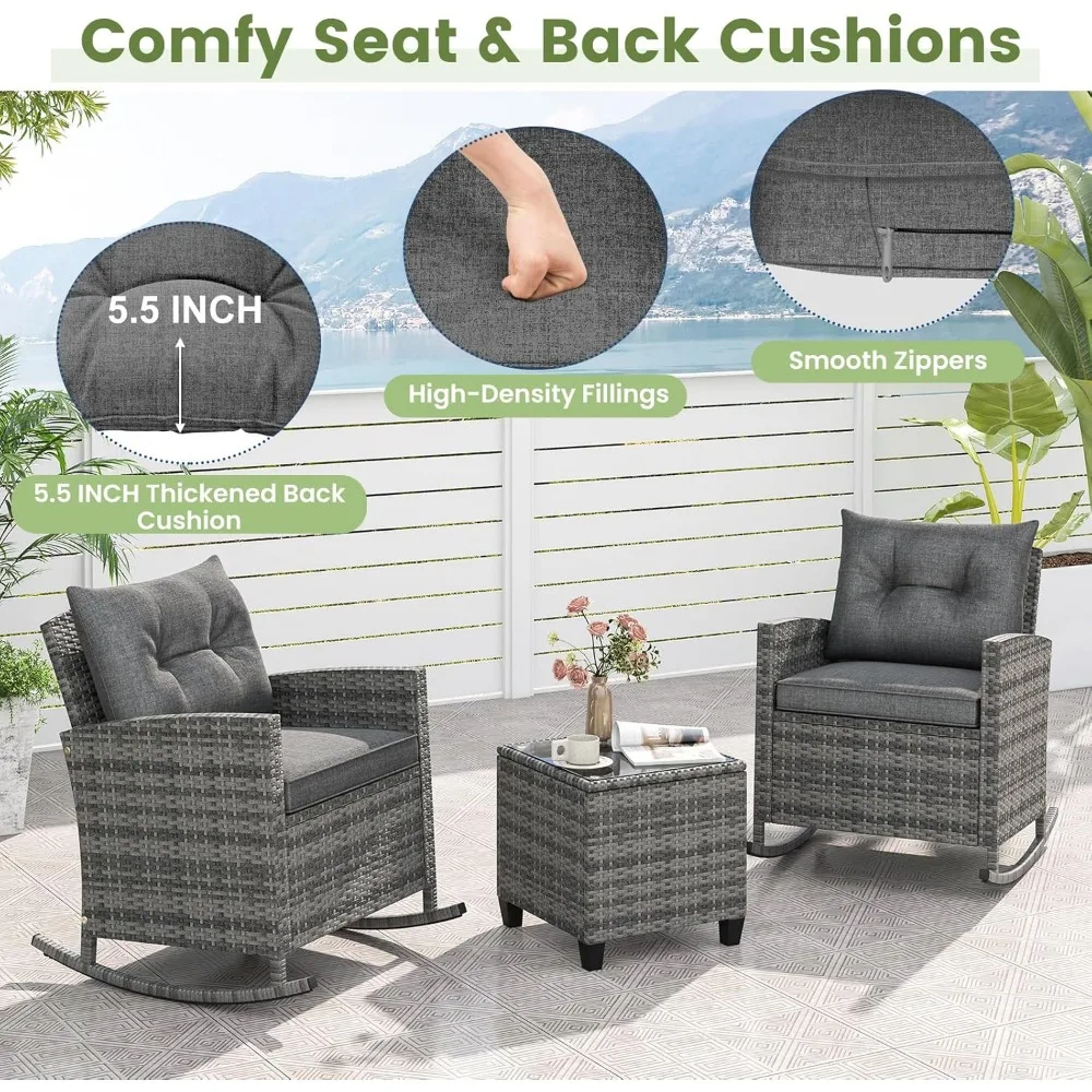3-Piece Outdoor Wicker Rocking Chair Set with Cushions and Glass Top Coffee Table