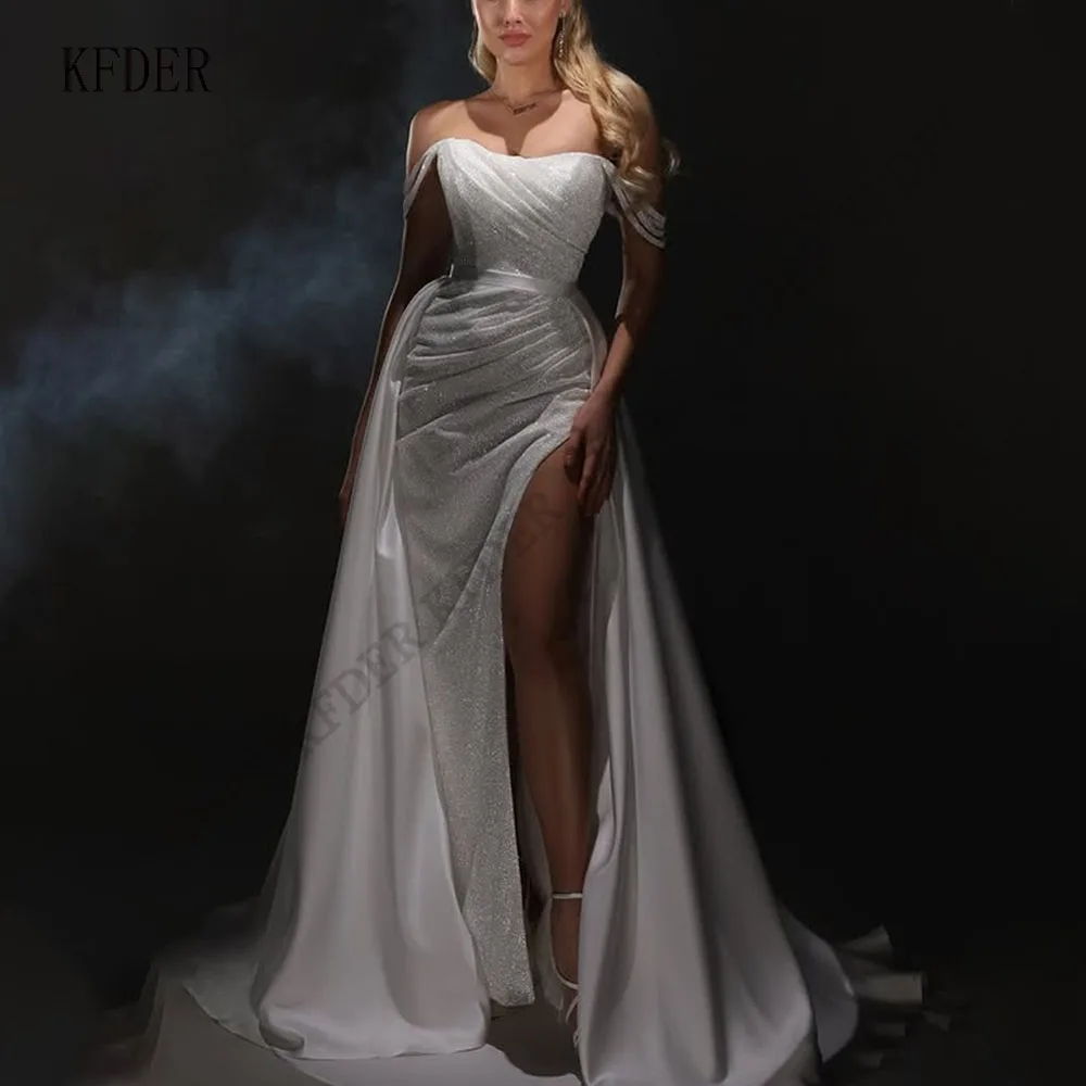 

Simple Shiny Glitter Mermaid Wedding Dresses For Woman Bridal Off the Shoulder Satin Side Split Vestidos De Novia Custom Made