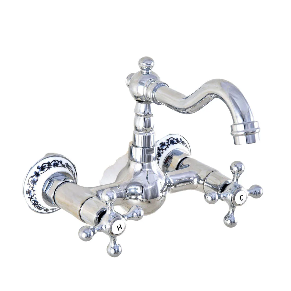 Polished Chrome Brass wall mounted Double Handle Swivel Bathroom Basin Faucet  Vanity Sink Mixer Tap Lnf579