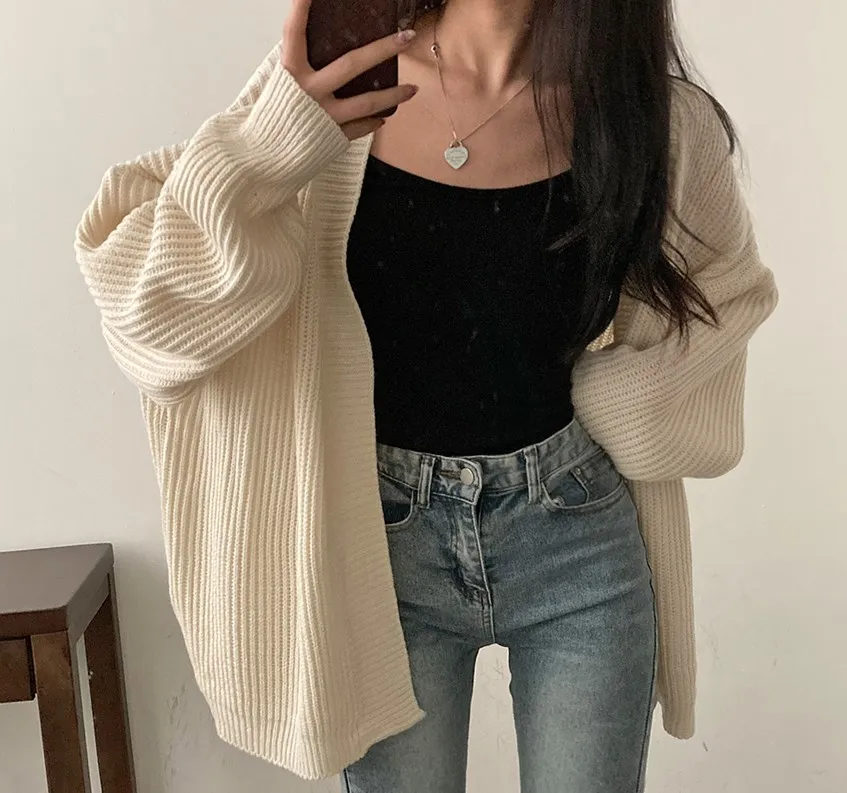 Slouchy Cardigan Knitted Drop Shoulder Long Sleeve Ribbed Open Front Sweater Jacket Women Teen-girl Fall Winter Basic Outfit