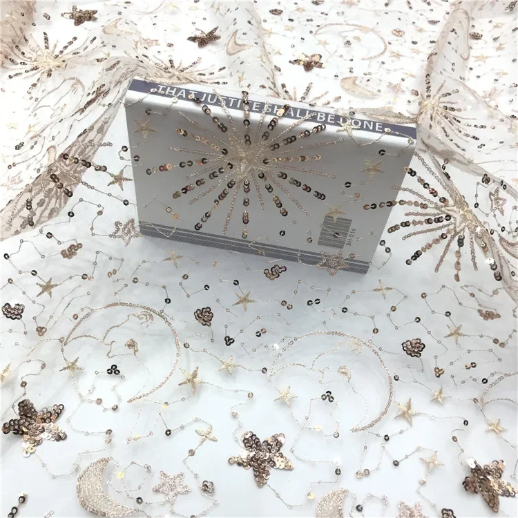 

Марлевая кружевная ткань со звездами и луной шириной 130 см, прозрачная дизайнерская ткань с блестками W253