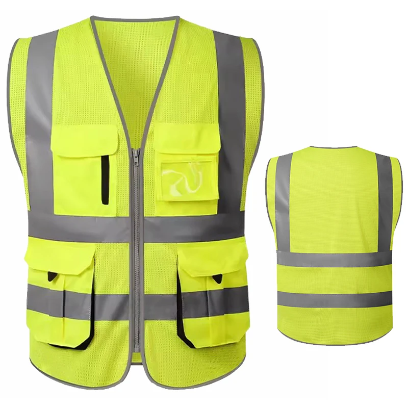 High Visibility Mesh Safety Reflective Vest with Pockets and Zipper Meets ANSI/ISEA Standards