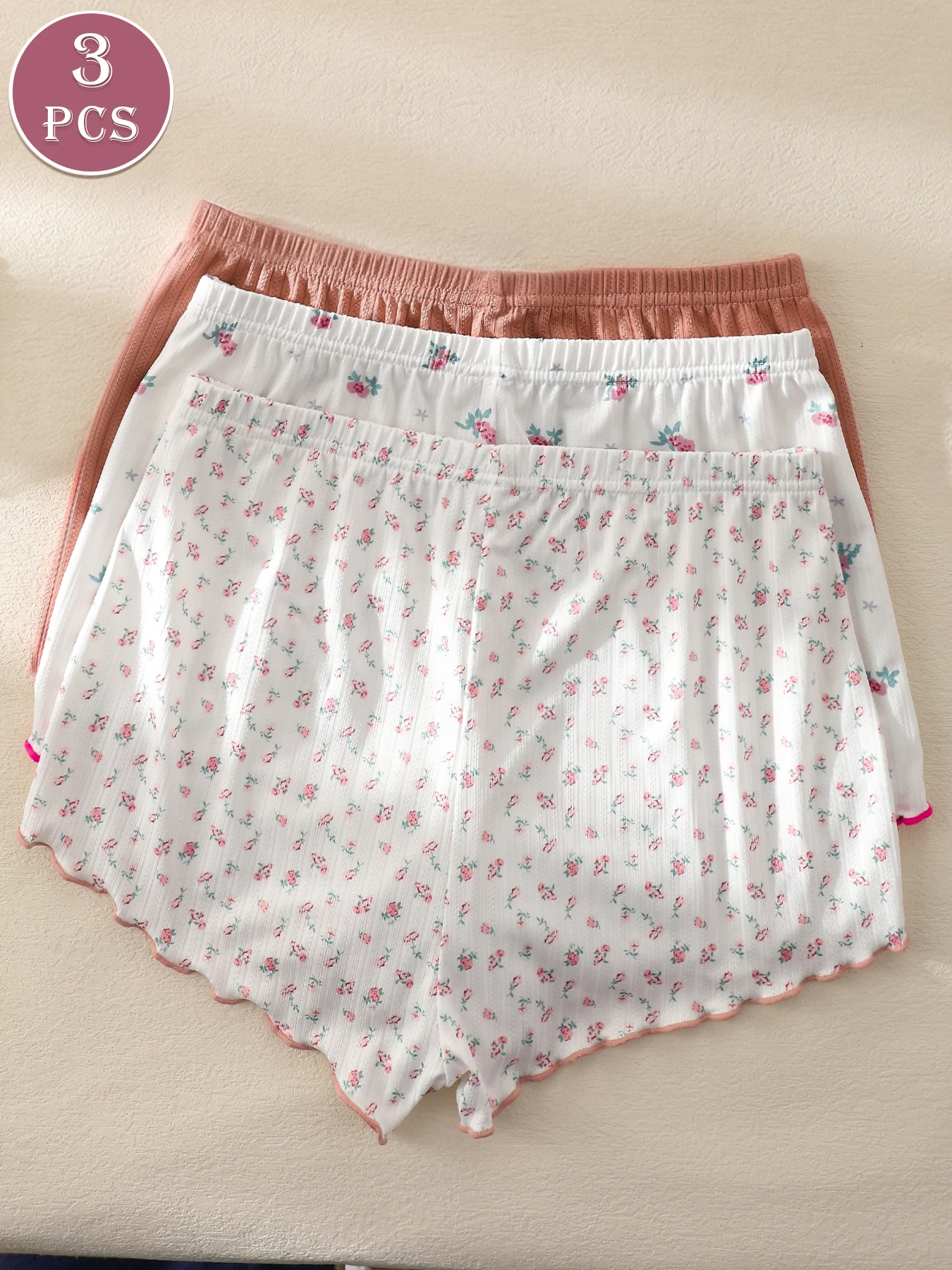 

3Pcs Women's Floral & Solid Print Boyshort Panties Bowless Ruffle Trim Breathable Cute Soft Underwear
