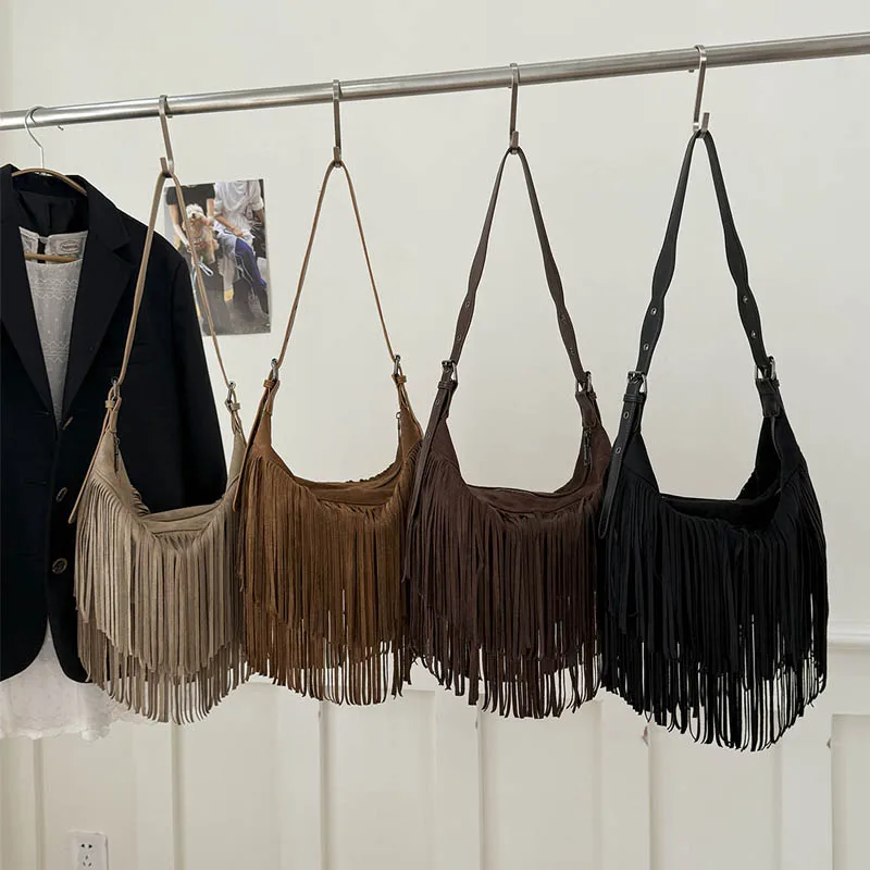LEFTSIDE Design Punk Style PU Leather Shoulder Bags for Women 2025 Tassels New Crossbody Bag Females Retro ​Luxury Handbags image 5