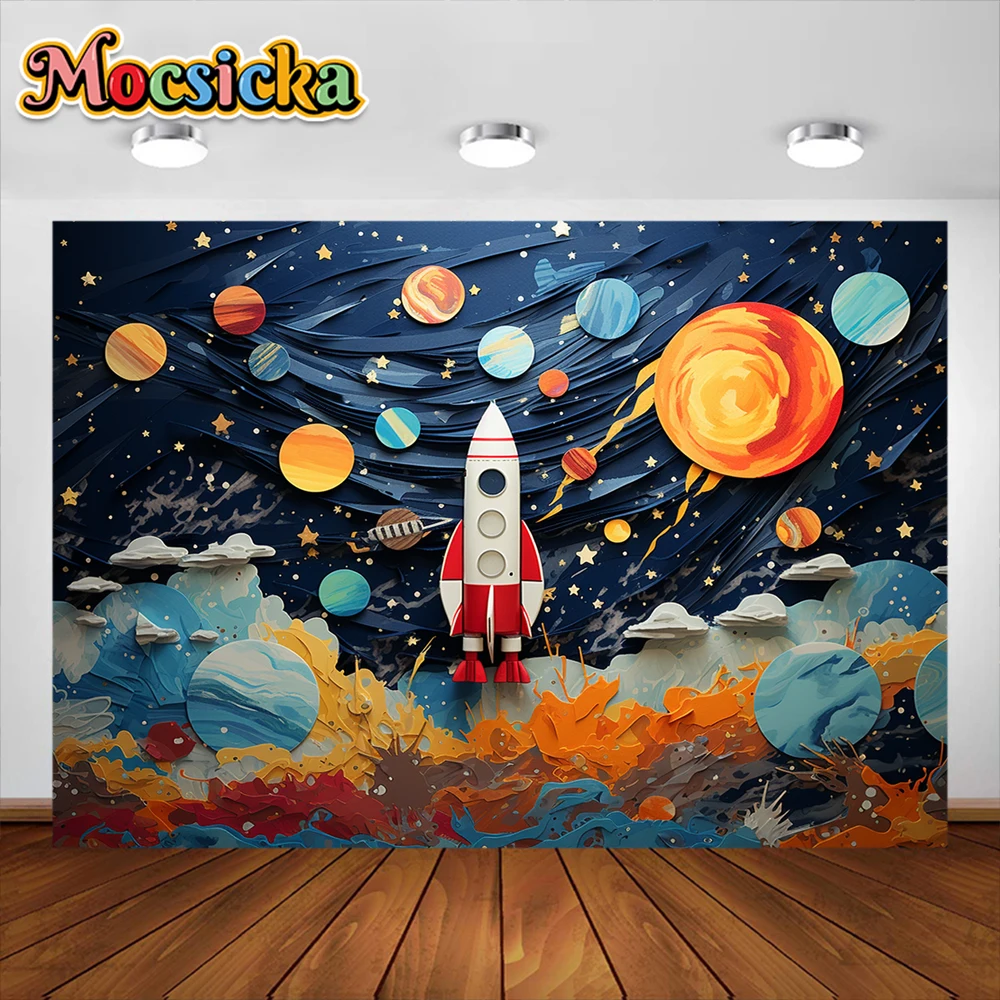 Mocsicka Universe Earth Space Planet Astronaut Backdrop Starry Sky Spacecraft Baby Birthday Party Photography Background Banner