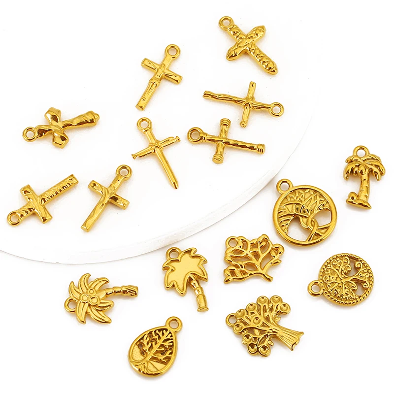 

5pcs Stainless Steel Gold Plated Cross/Coconut Tree Charms Pendant for DIY Earring Necklace Jewelry Making Accessories Finding