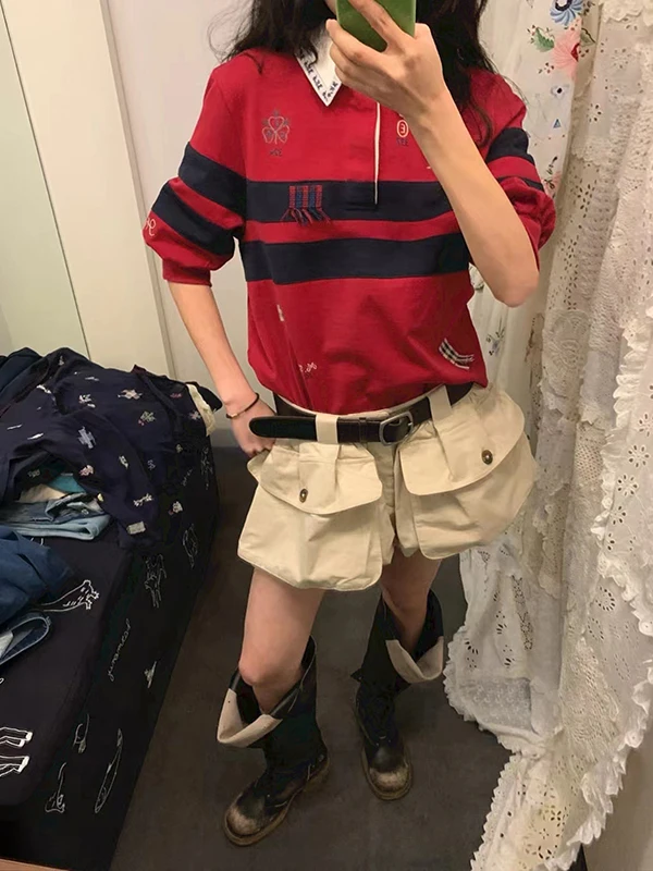 Casual Embroidered Letter Color Block  Neck Sweater British Style Ladies Loose Fit Cotton Summer 2026 Hoodless Sweatshirt