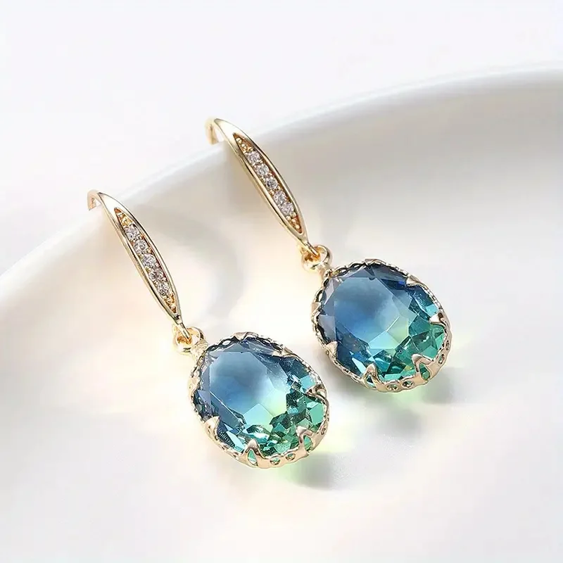 Exquisite Oval Inlaid with Blue Green Zircon Earrings Elegant Fashion Gold Color Engagement Wedding Dangle Earrings for Women