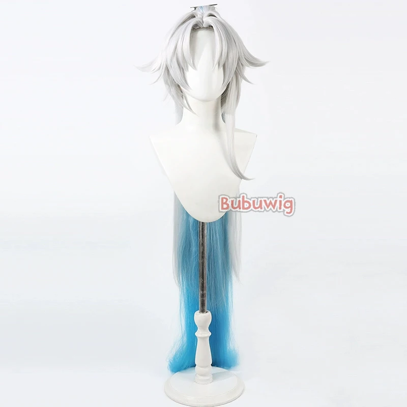 Bubuwig Synthetic Hair Feixiao Cosplay Wigs Honkai: Star Rail Feixiao 120cm Silver White Mixed Blue Ponytail Wig Heat Resistant