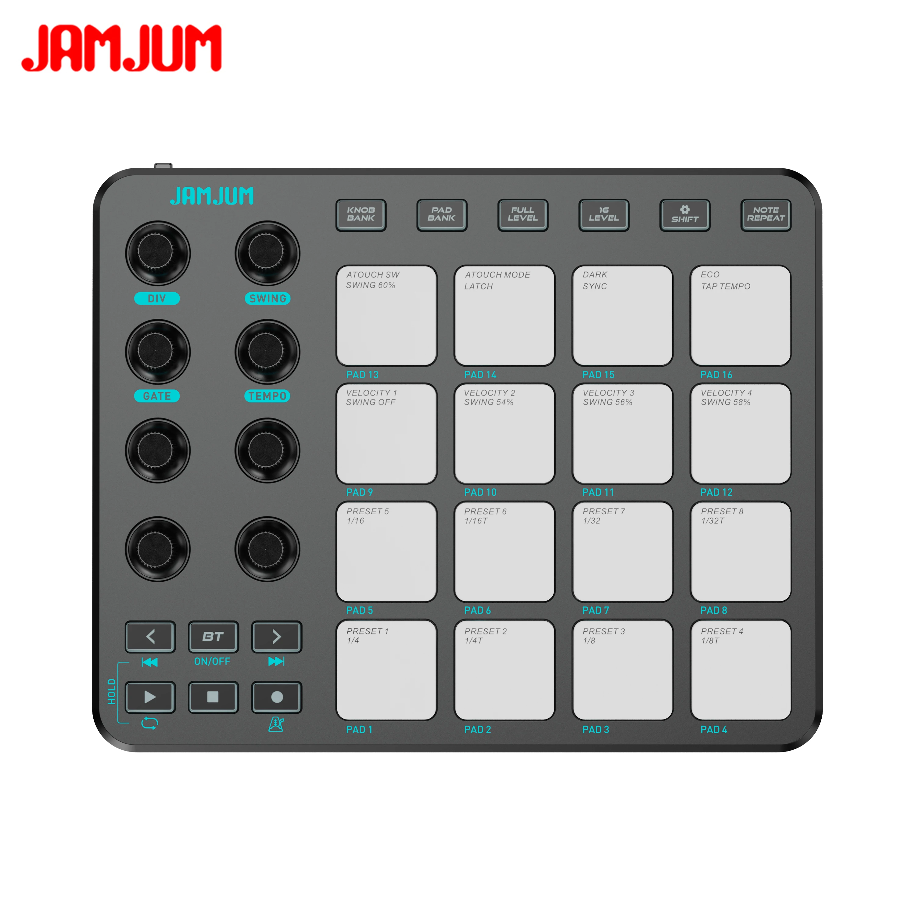 

Беспроводные MIDI-контроллеры JAMJUM с 16 RGB-подсвечиваемыми пэдами, зарядка через Type-C, перезаряжаемый аккумулятор, аудиоразъем 3.5 мм.