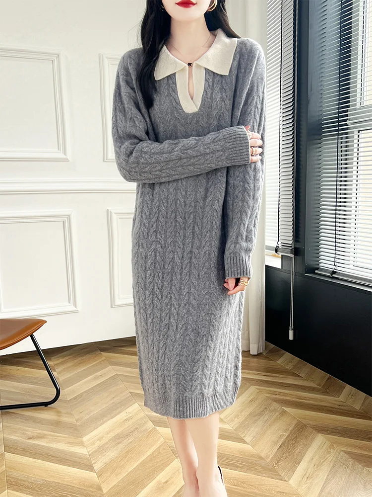 

Aliselect 100% Merino Wool Dress Spring Autumn Winter Women's V-neck Pullover Casual Cashmere Knitted Women Sweater Long Dress