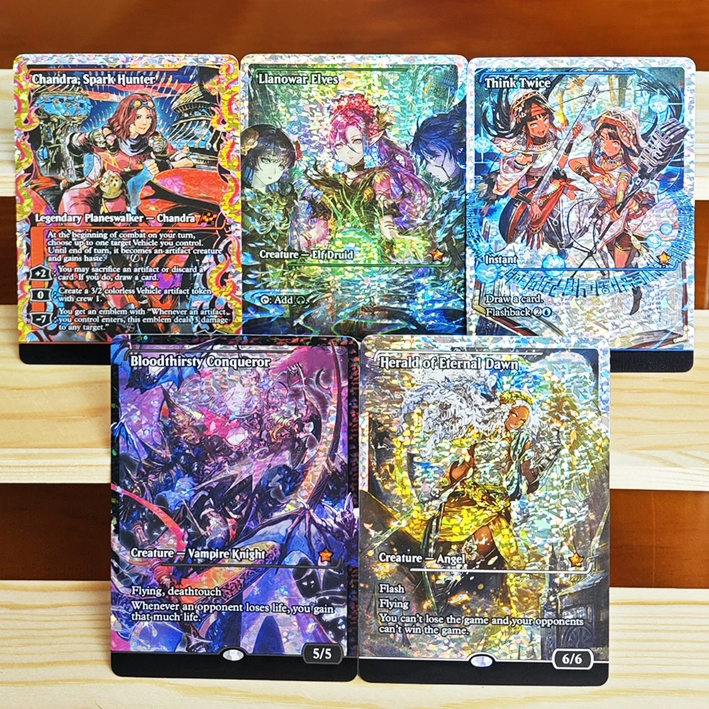 Think Twice/Llanowar Elves/Chandra, Cazador de Chispas/Conquistador Sediento de Sangre/Heraldo del Amanecer Eterno TCG Tarjeta de Juego Rara y Exclusiva con Acabado Metalizado