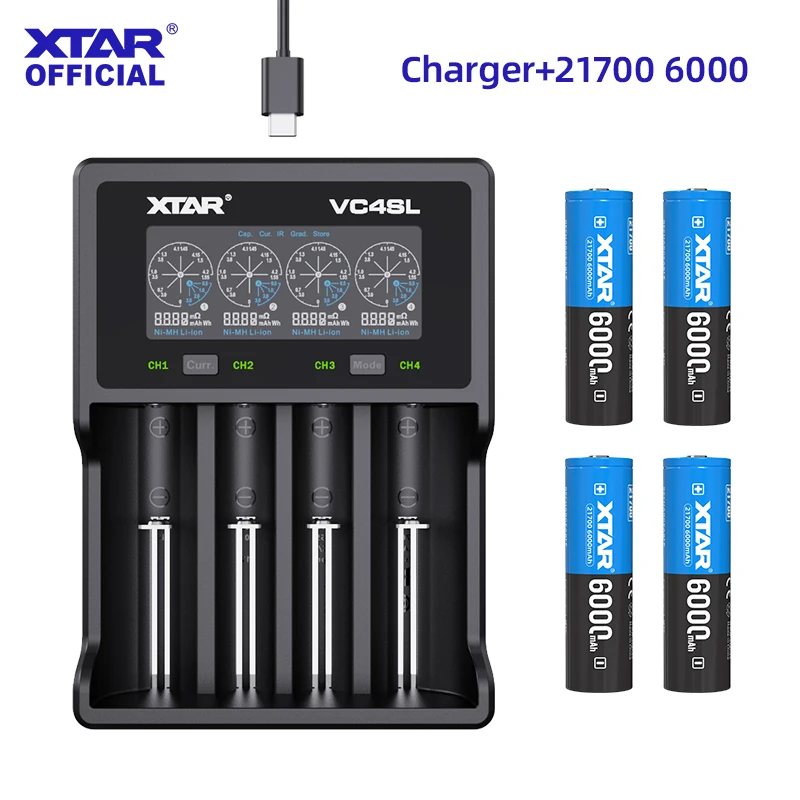 XTAR 4 x 18650 4000mAh or 21700 6000mAh Batteries with VC4SL  Battery Charger Combo Fast Charging & Accurate Testing USB-C