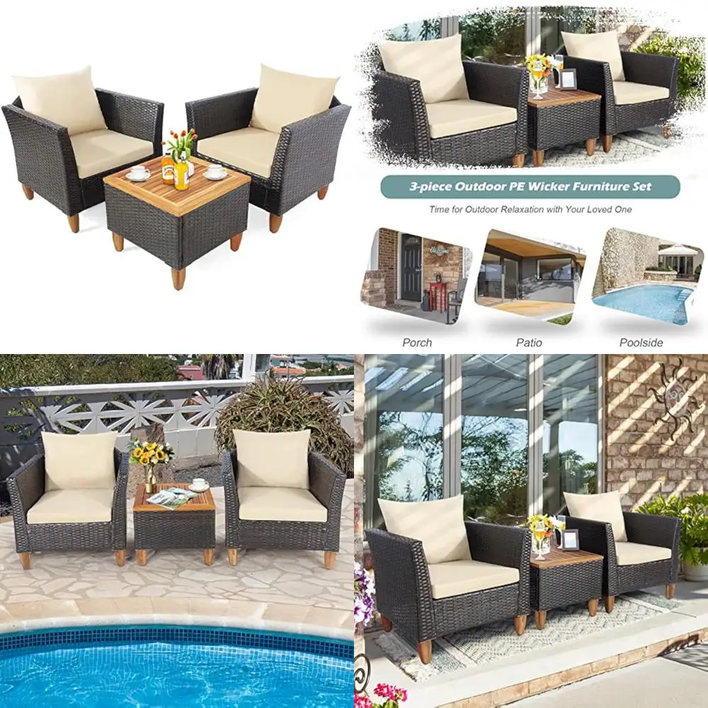 

Уличный набор для бистро от Patiojoy: плетеная мебель из полиэтилена из 3 предметов с подушками и стол из дерева акации