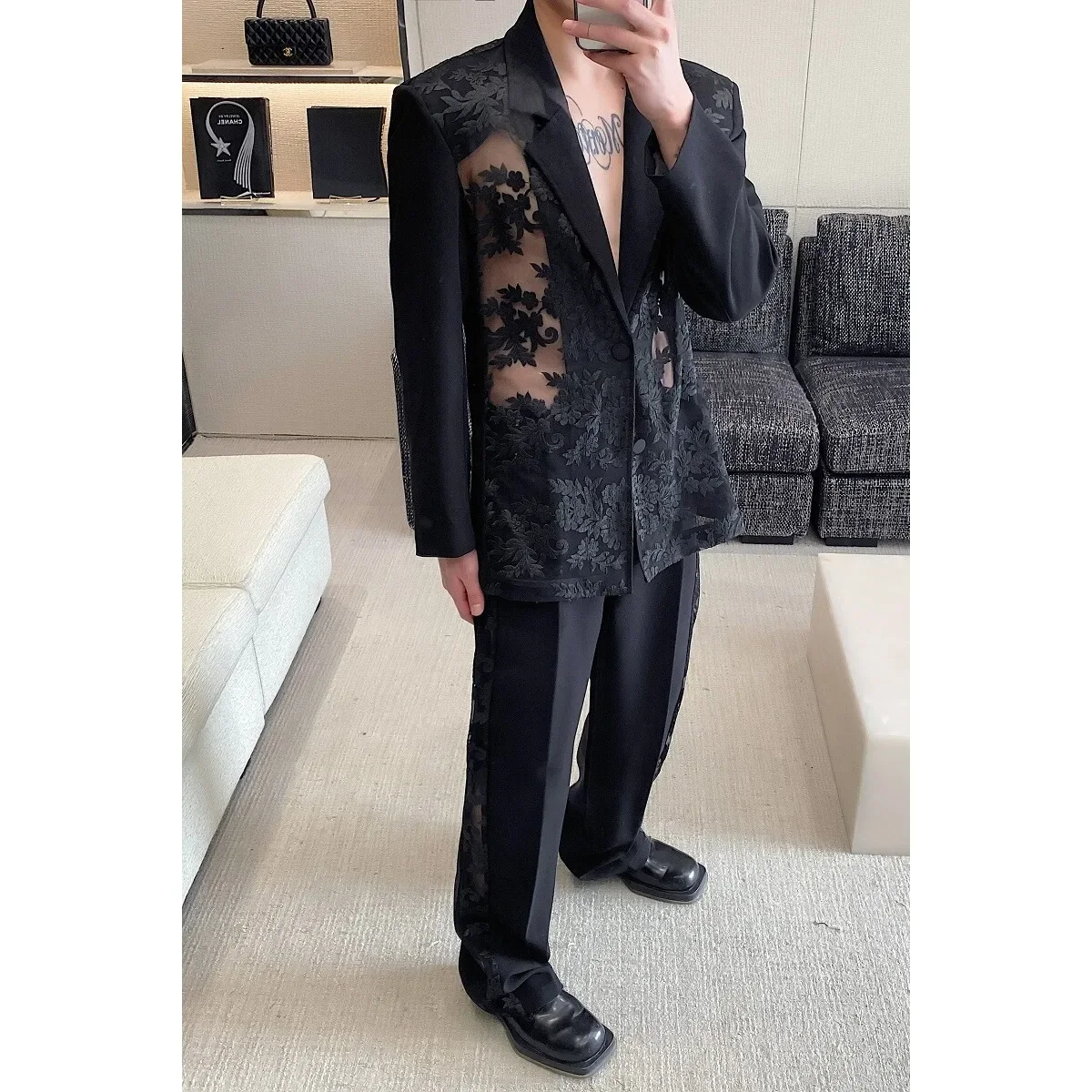 Men Lace Splice Vintage Fashion Show Party Dress Suits 2 Pieces Blazers Jacket Pant Sets Man Stage Performance Costumes