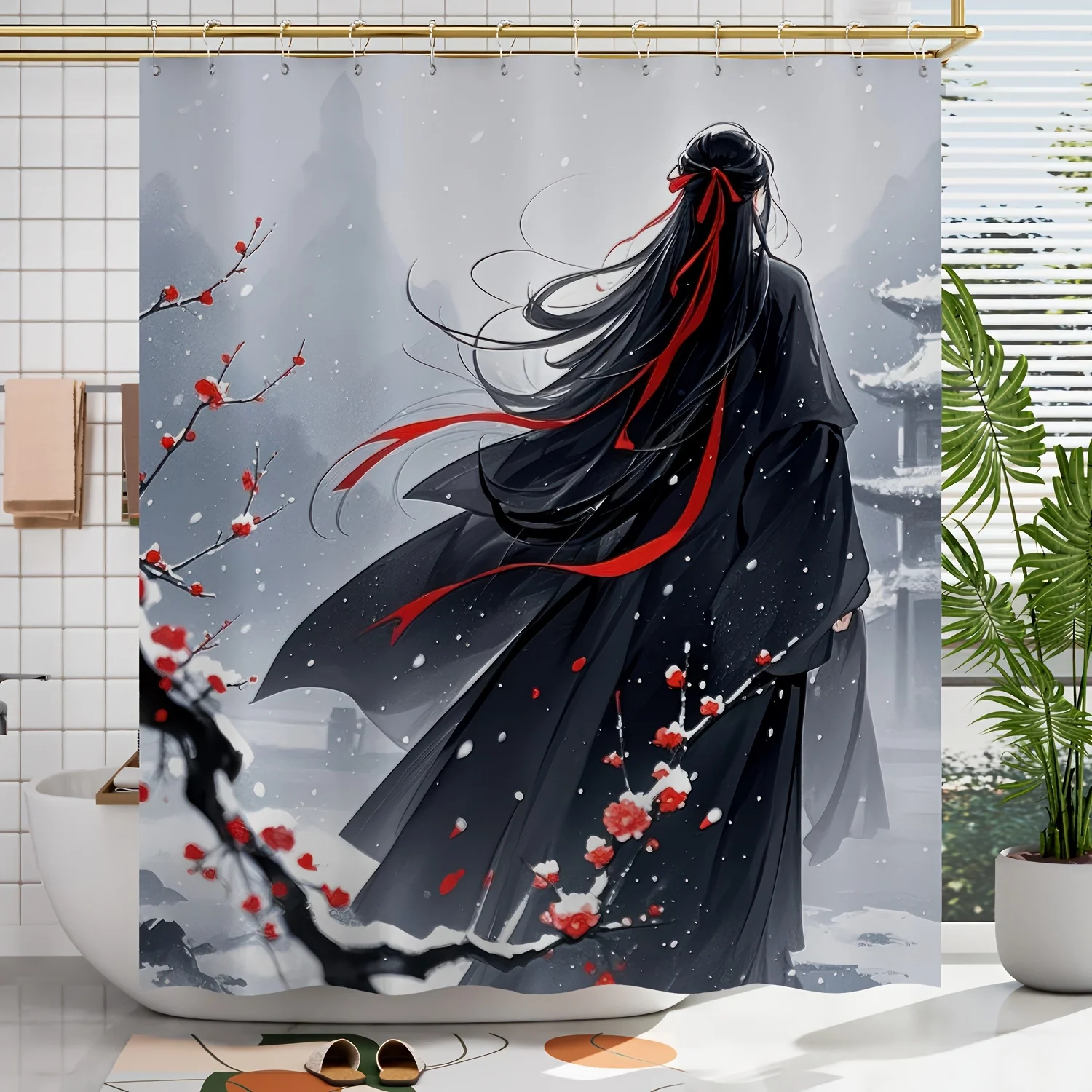 

1pc Spring/Summer Chinese Style Ancient Cartoon Handsome Guy Pattern Digital Print Shower Curtain, Bathroom Home Decor with Free