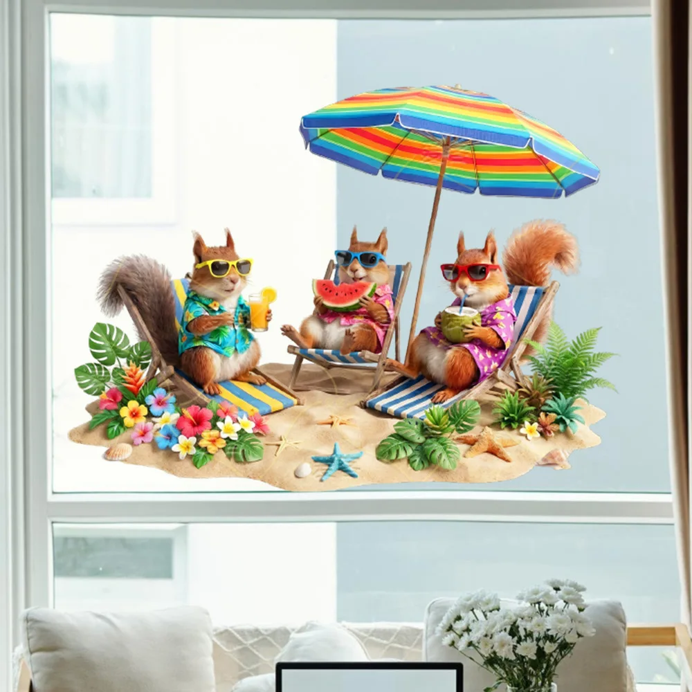 Hawaiian Party Decor Beach Squirrel Window Stickers Funny Hawaii Squirrel Sticker Summer Vacation Window Sticker Living Room