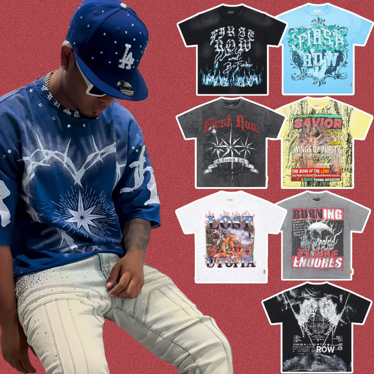 

Мужская футболка First Row American Streetwear в винтажном стиле High Street с принтом и стразами, модная, из хлопка