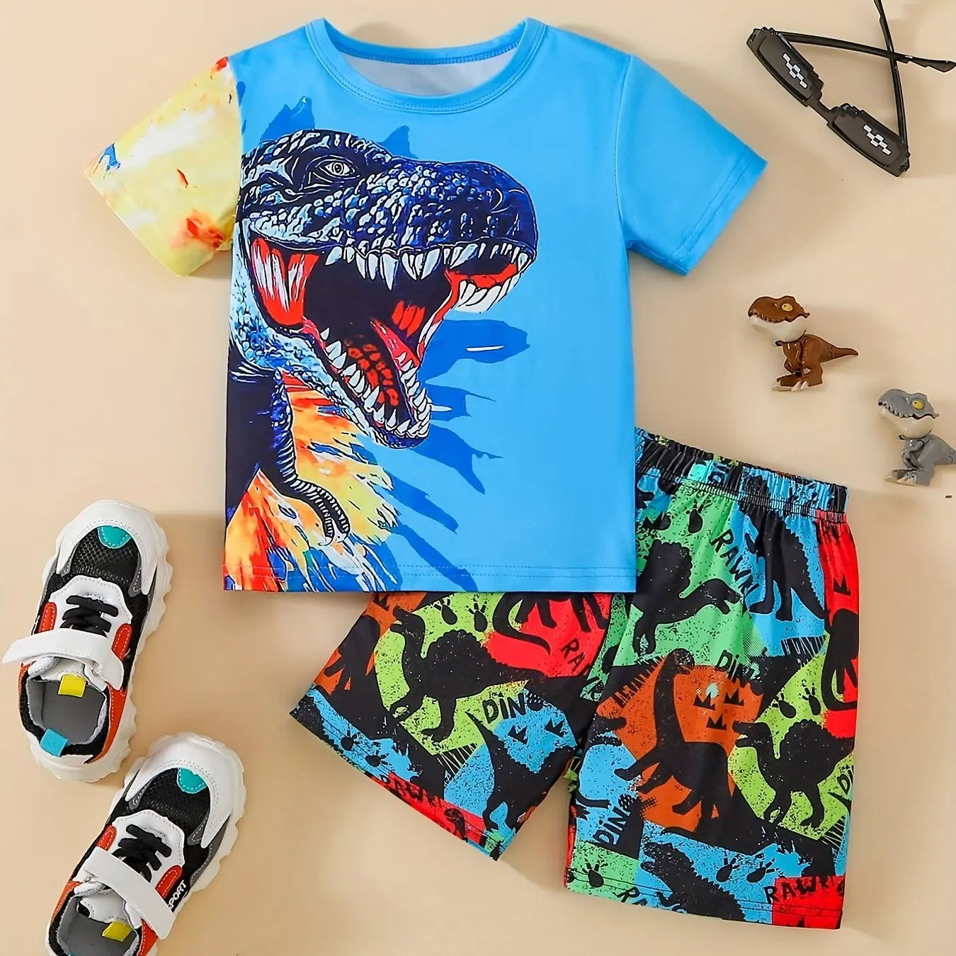 Dinosaur 2 Piece Outfit for Boys Short Sleeve T Shirt and Shorts Summer Ice Silk Breathable Casual Streetwear Kids Set