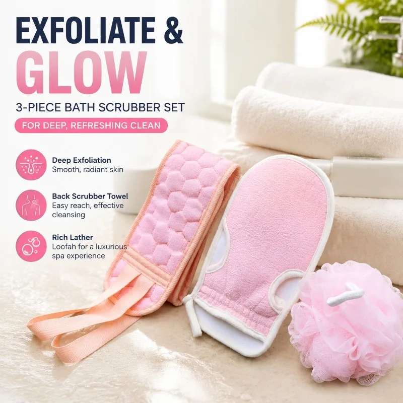 Three-piece Bath Cleaning Set Thick Exfoliating Towel Body Scrubber Back Pull Strap Foam Ball Combo Home Shower Dirt Removing