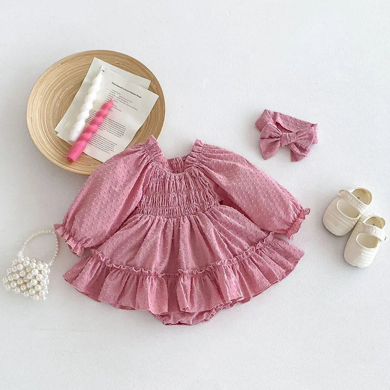 New 2024 Autumn Baby Bodysuit with Headband Sweet Princess Dress Infant Girls Solid Ruffled Square Collar One Piece Clothing