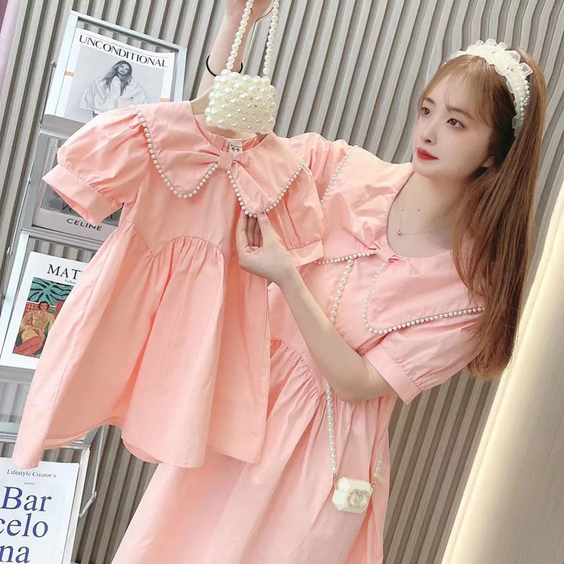pink Family look set mothers and children Mom and daughter dress pearl mommy and me Korean style mummy daughter matching outfit