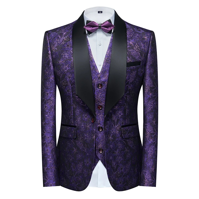 2023 Fashion New Men\'s Casual Boutique Business Wedding Host Flower Color Suits 3 Pcs Set Dress Blazers Jacket Pants Vest Coat