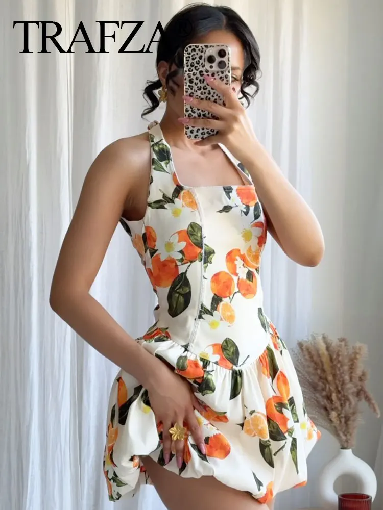 

TRAFZA Female Fashion Summer Holiday Beach Fruit Printed Mini Sling Dress Square Collar Sleeveless Backless Pleated Sweet Dress