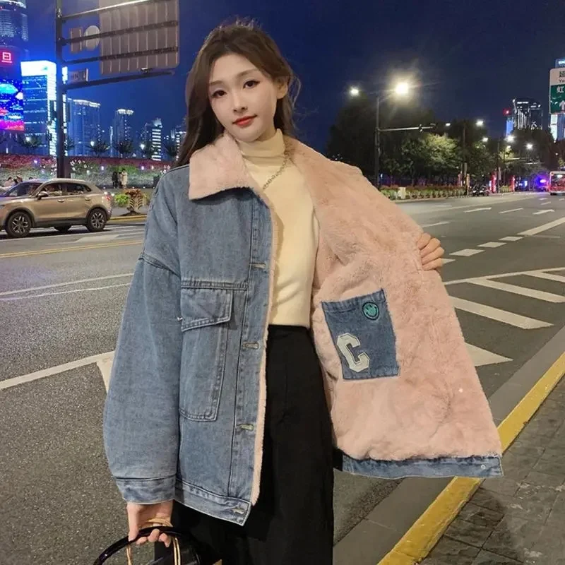 2023 New AutumnWinter Double Wear Rabbit Fur Plush Denim Cotton Coat Women's Thickened Warm Mid length Cotton Coat Cotton Coat