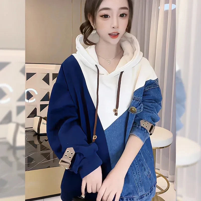 

Tri Color Denim Patchwork Sweater For Women Spring and Autumn 2024 Fashionable Street Explosion Small Man Hooded Top