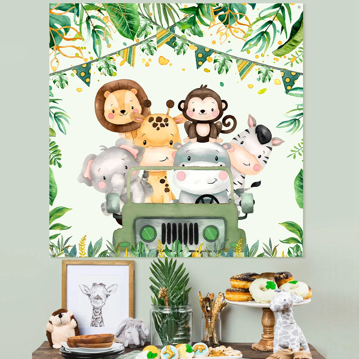 120x120cm Polyester Jungle Safari Backdrop 1st Wild One Newborn Baby Boy Birthday Party Photozone Family Shoot Photo Background