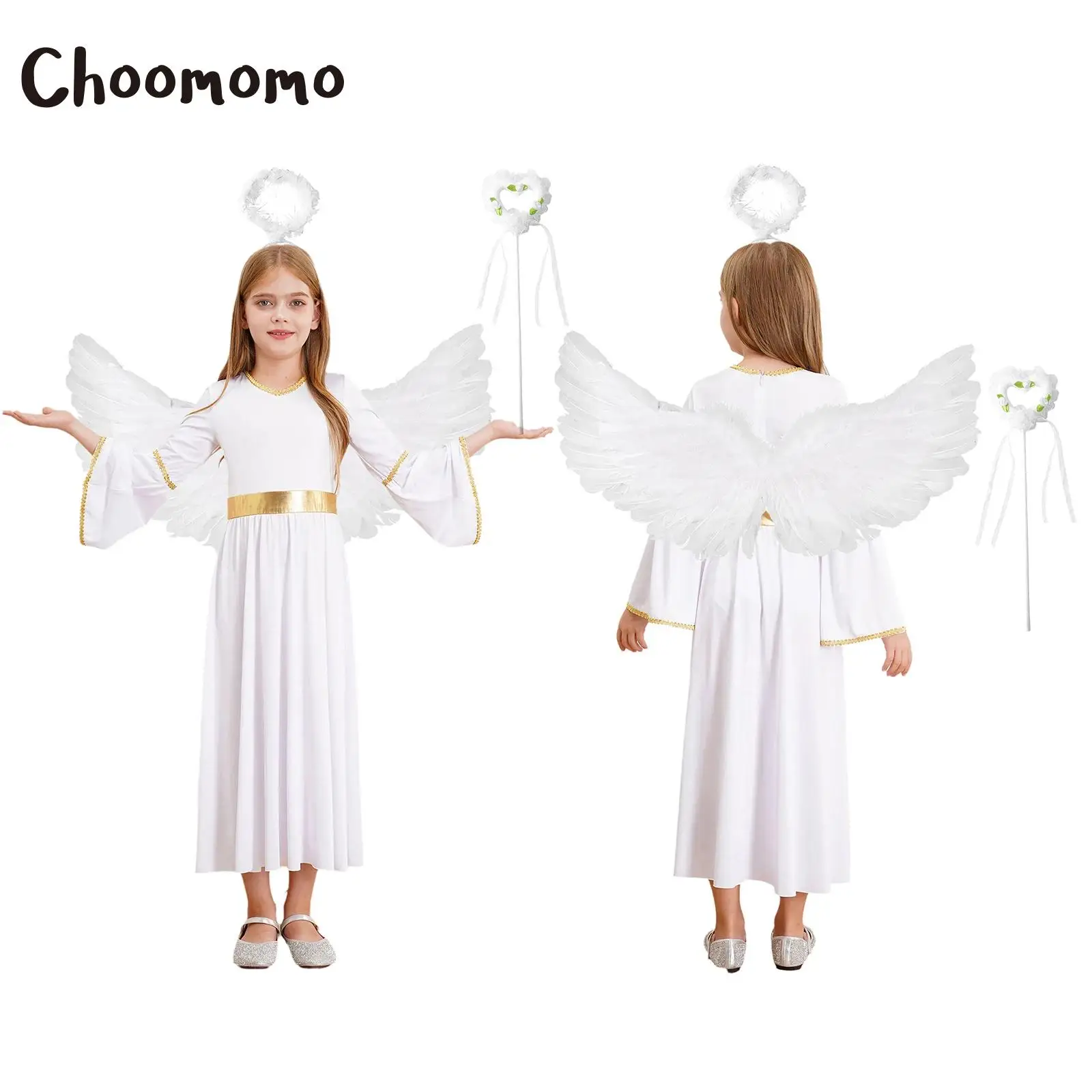 

Girls Angel Cosplay Costume Greek Princess Dress with Feather Angel Wings Headband Fairy Sticks Outfits Halloween Performance