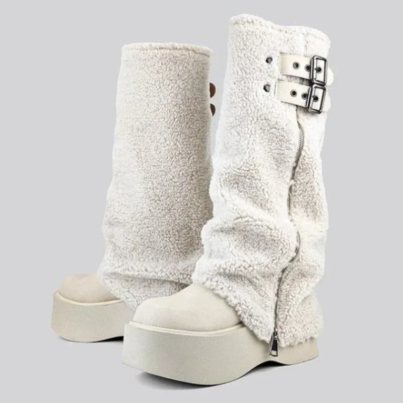 

Fur Suede Women High Boots Flats Platform Warm Winter Shoes Knee High Cotton Boots Snow New Designer 2025 Casual Woman Botas