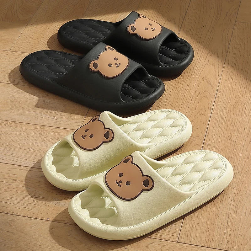 Men's Slippers Bathroom Non-slip Summer Beach Cartoon Bear Printing High Quality Indoor Thick Soft Sole Flat Heel Slides Ladies