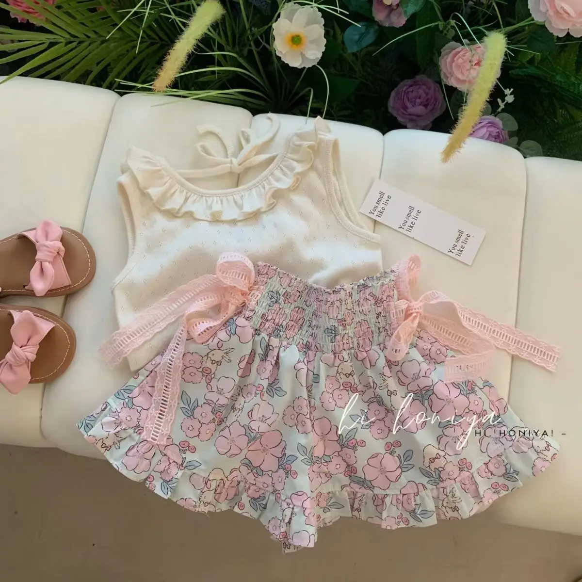 Girl Baby Set 2024 Fashion Princess Sweet Fragmented Flowers Summer Thin Sleeveless Tank Top Short Skirt Set