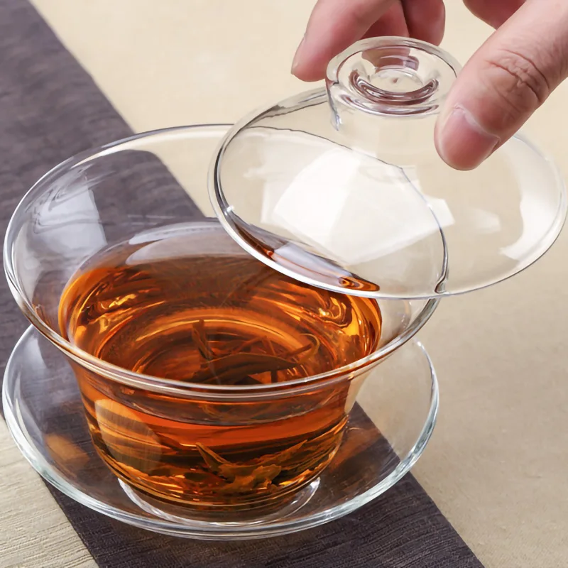 Transparent Glass Cover Bowl New Style Traditional Chinese Teaware Cup with Lid and Saucer Top Grade Teacup Coffee Mug 160Ml