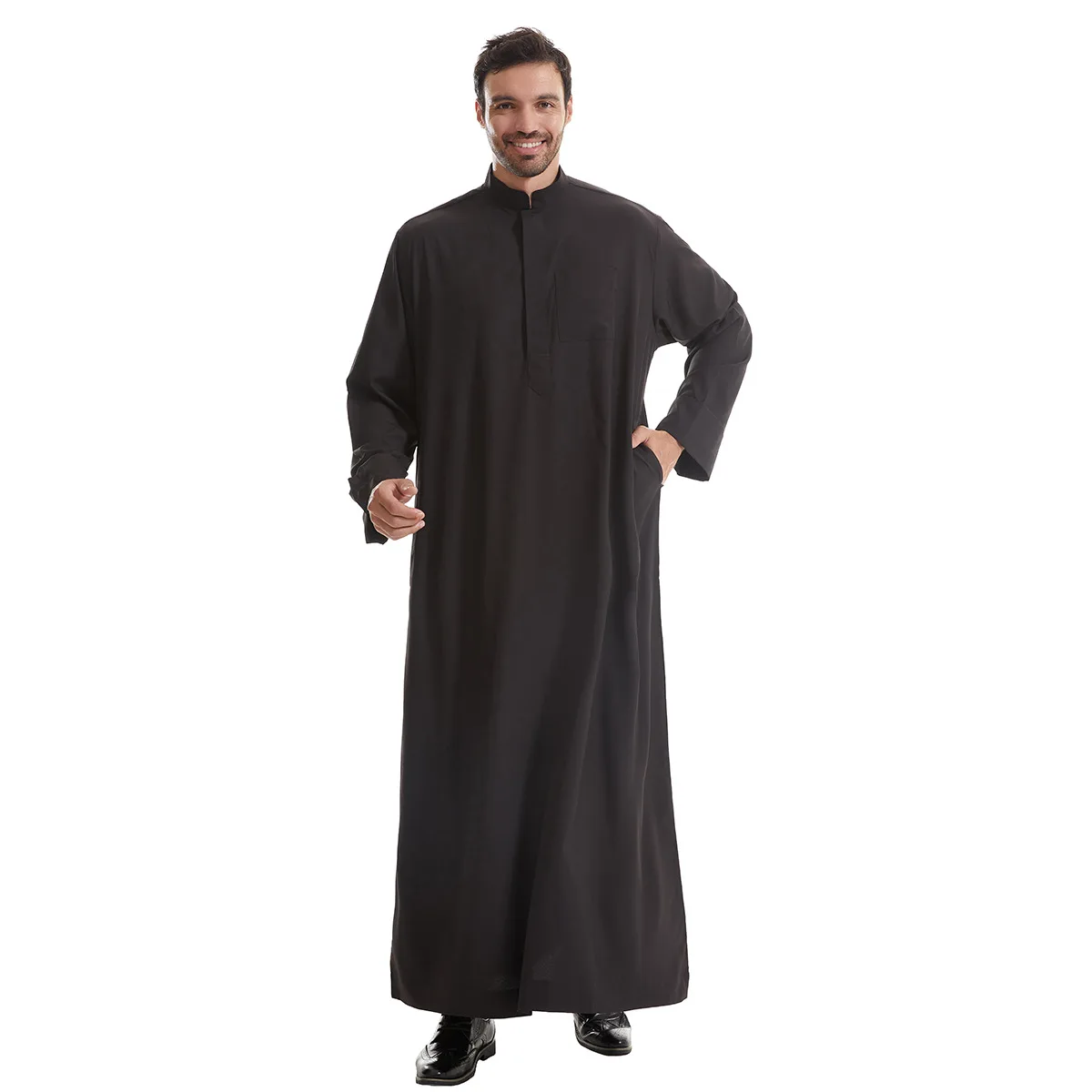 Ramadan Saudi Polyester Muslim Men's Robe Jubba Thobe Stand Collar Robe Pocket Design Arab Middle Eastern Menswear Muslim Arabic