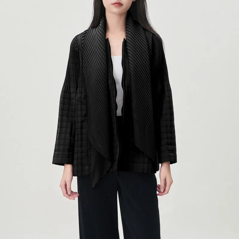 YFPF, nueva chaqueta de invierno para mujer, diseño plisado, bufanda, cuello, retazos, bolsillos con cremallera, abrigo de Color sólido, ropa informal