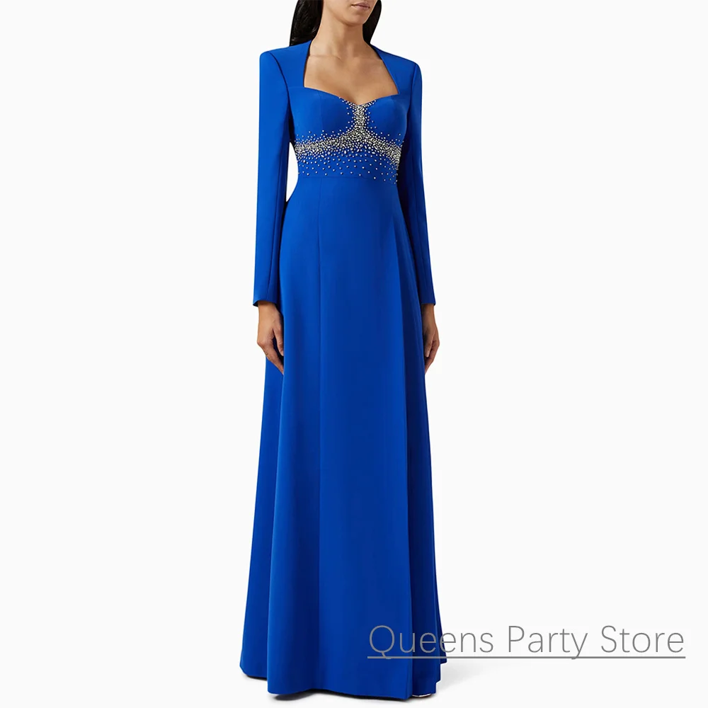 Royal Blue Evening Dress Customized V Neck Long Sleeves Beading Stone Floor Length Saud Arabic Prom Gown Pleat Party Dresses