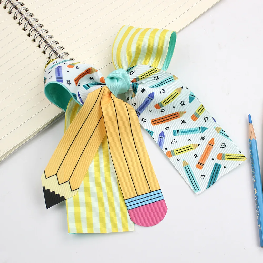 Rainbow Print Bow Hair Clip with Pencil Crayon Apple Decorations Long Tassel Hairpins for Girls Back to School Season  Accessory