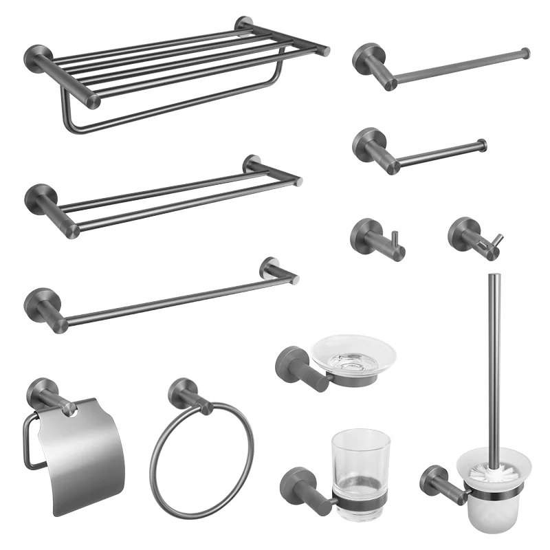 Matte Gray Stainless Steel Bathroom Hardware Towel Rack, Toilet Paper Holder, Single Cup, Toilet Brush, Robe Hook Towel Rack Set