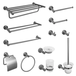 Matte Gray Stainless Steel Bathroom Hardware Towel Rack, Toilet Paper Holder, Single Cup, Toilet Brush, Robe Hook Towel Rack Set