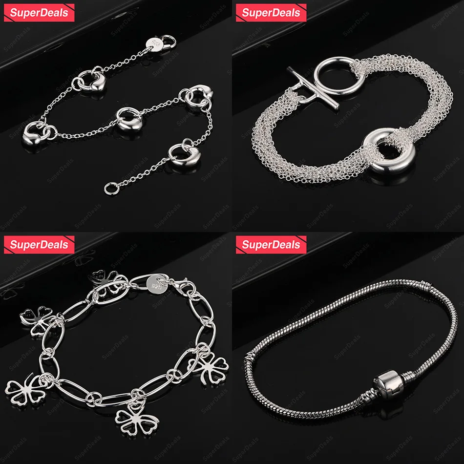 

SuperDeals 925 Sterling Silver Water Drop Four-Leaf Clover OT Buckle Geometric Chain Bracelet Women Party Birthday Jewelry Gift