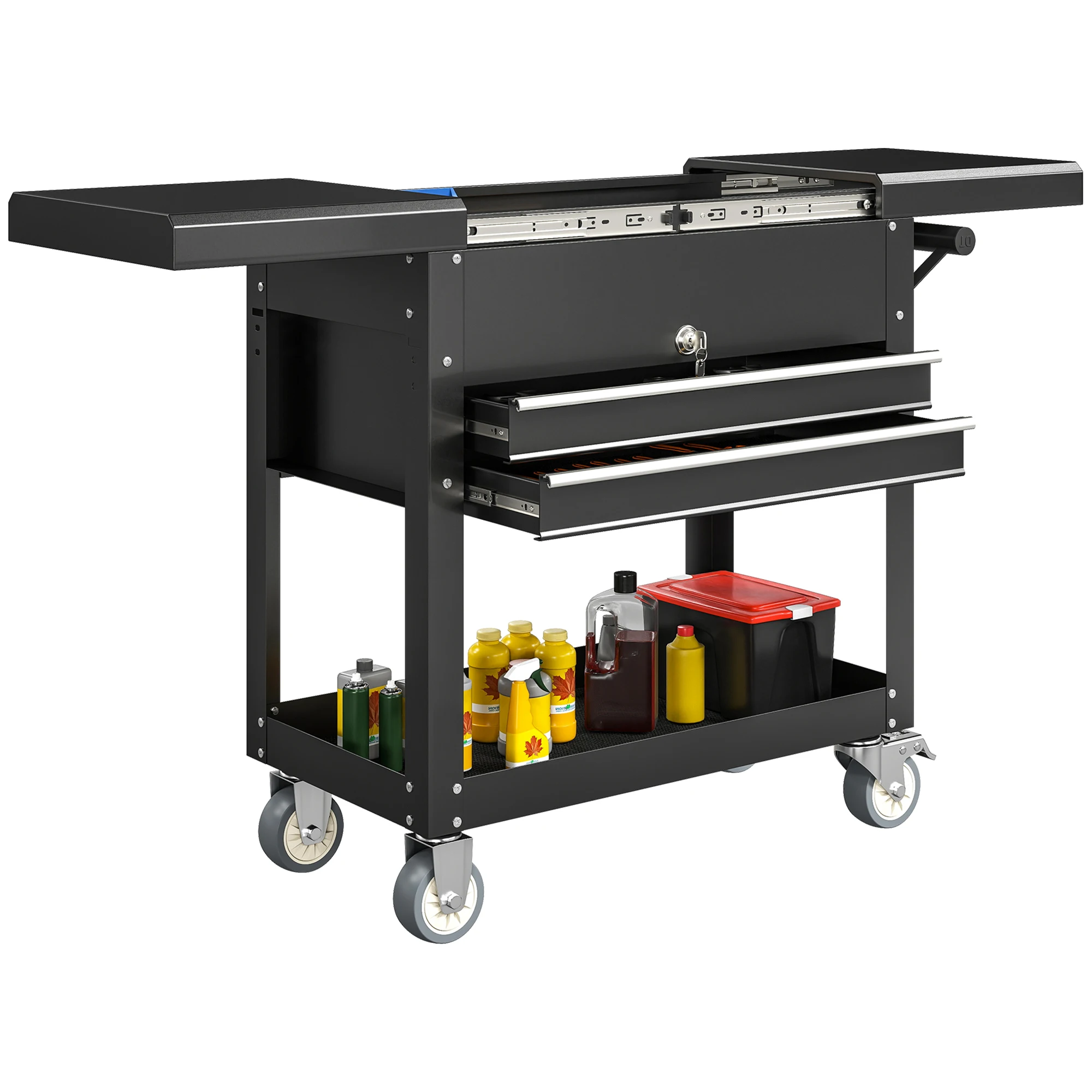 HOMCOM Chariot d'atelier, servante d'atelier sur roulettes, chariot à outils en acier avec plateau coulissant, tiroirs verrouill