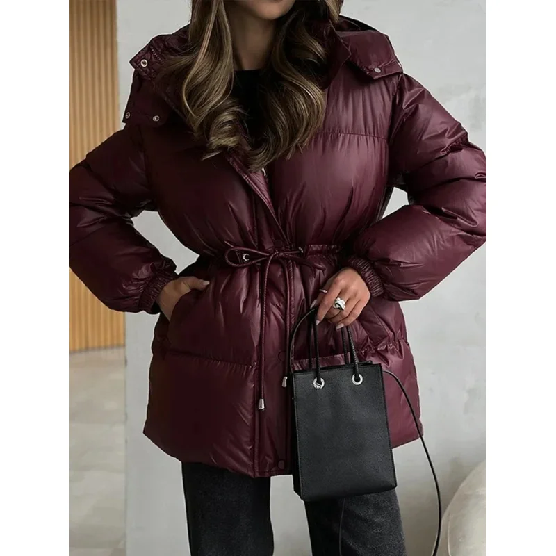 

Casual Stand Collar Zipper Long Sleeves Jackets Women Solid Thicken Cotton Lace Up Detachable Hat Coat Winter Lady Warm Outwear